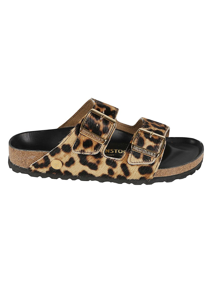 Birkenstock Arizona Fur Hex Leopard Print Two-Strap Leather Sandals