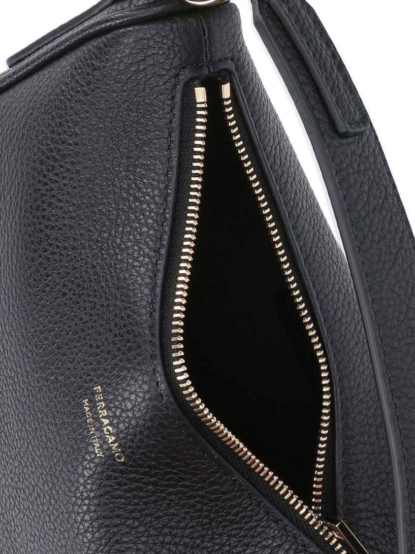Ferragamo "North-South" Mini Hobo Bag In Black Hammered Calfskin