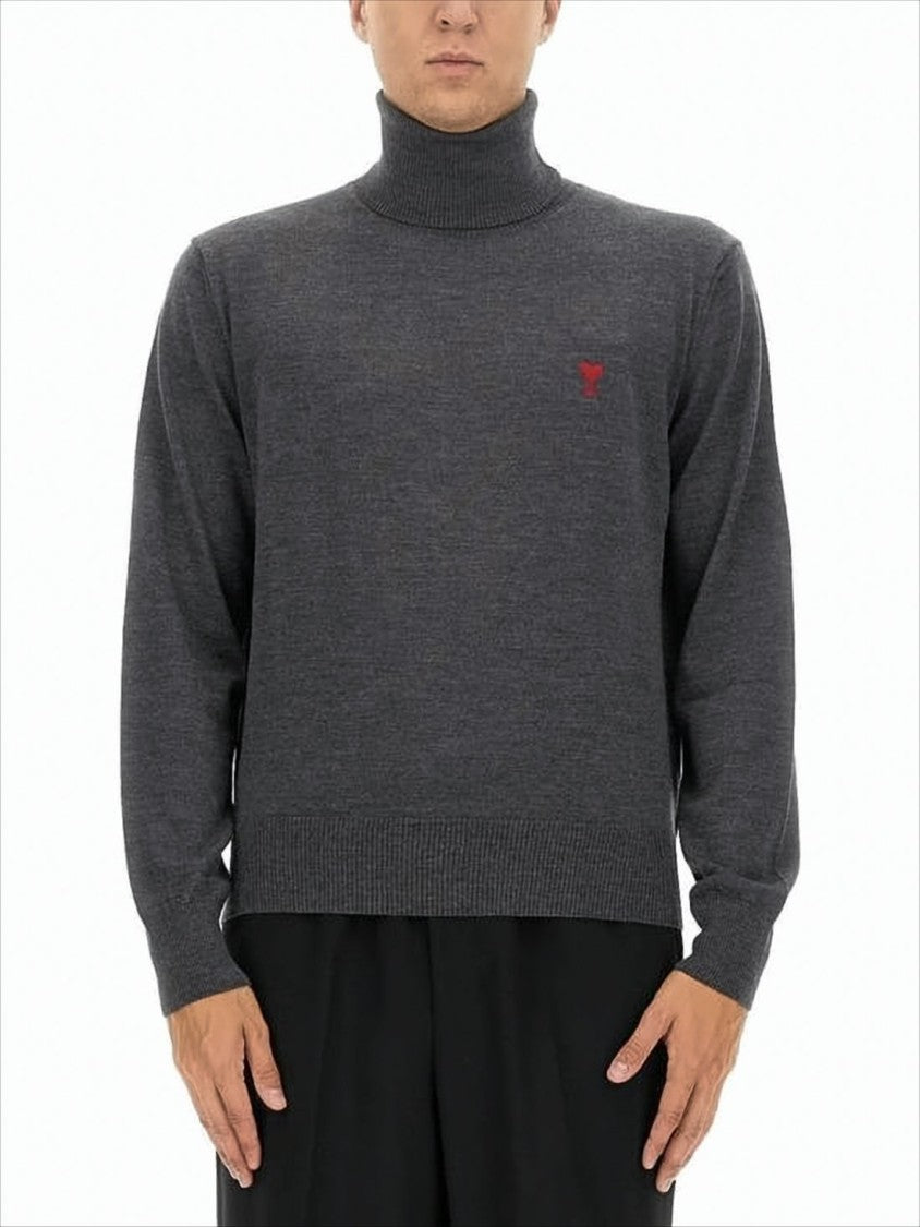 Ami Refined Merino Wool Turtleneck Sweater With Subtle Embroidery