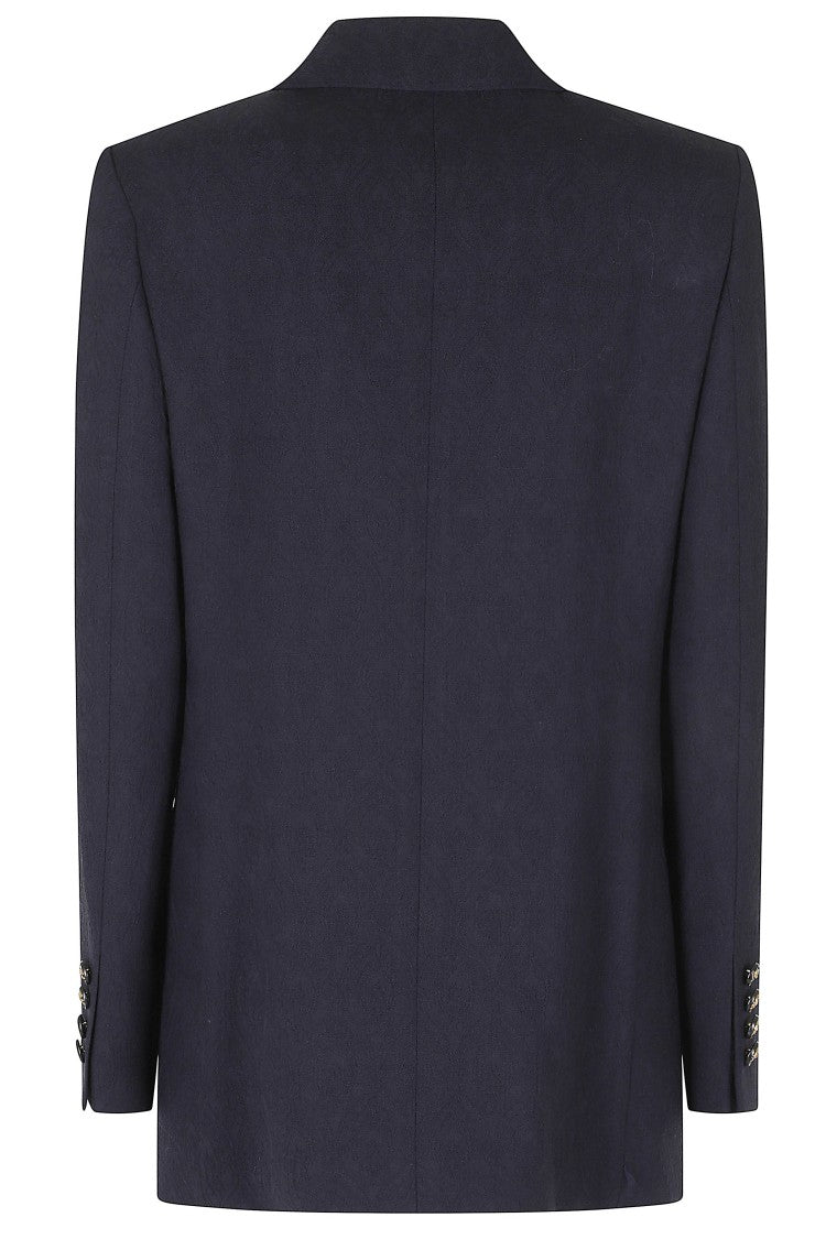 Etro Very Dark Blue Double-Breasted Embroidered Wool Blazer