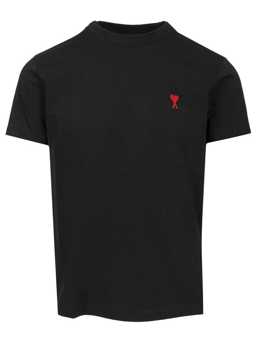 Ami Paris Short-Sleeved Black Cotton T-Shirt With Embroidered Logo