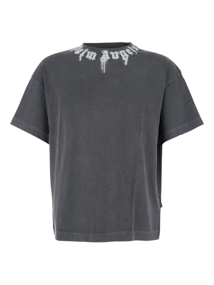 Palm Angels Relaxed-Fit Grey Cotton T-Shirt With Gothic Text