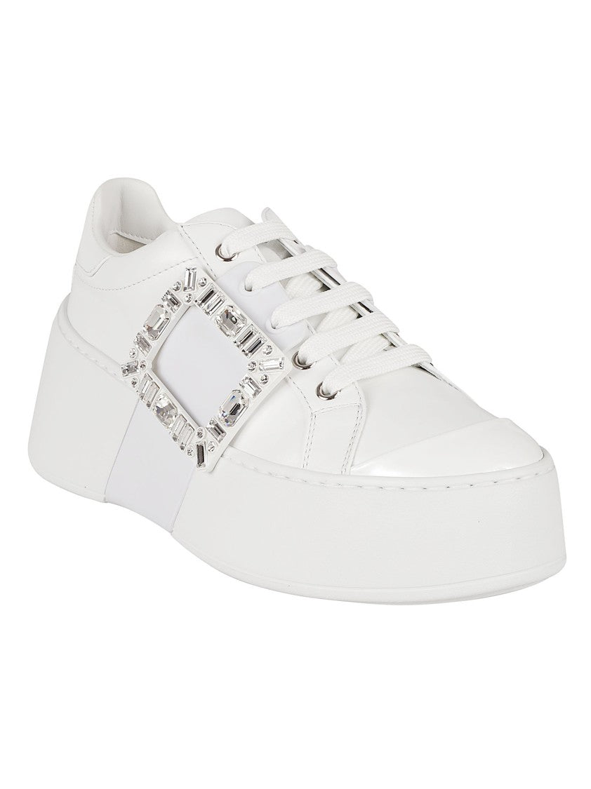 Roger Vivier White Leather Sneakers With Crystal-Embellished Buckle