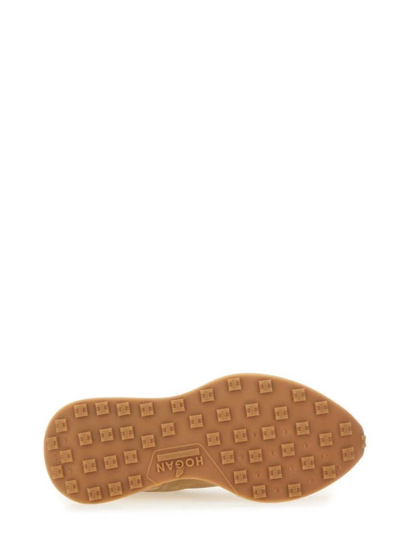 Hogan Beige Suede Sneakers With Contrasting Logo And Textured Sole