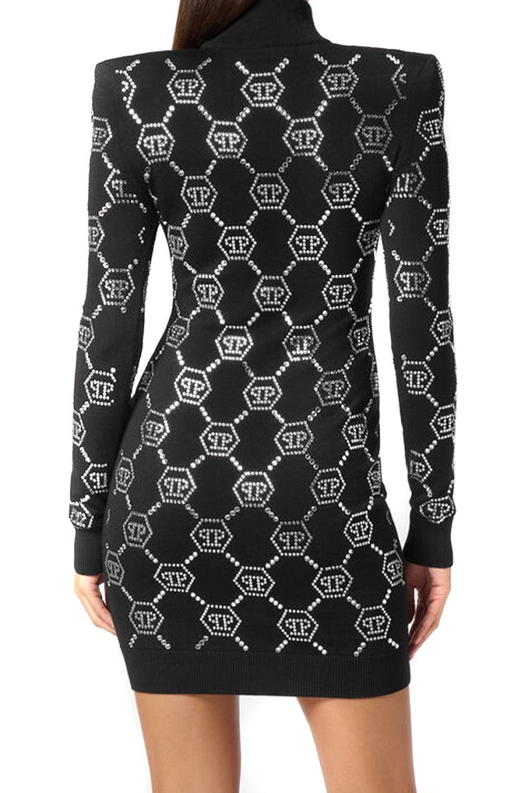 Philipp Plein Fitted Black Dress With Hexagonal Motif And High Neckline