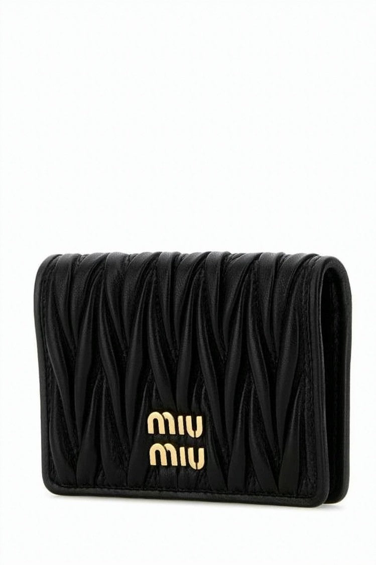 Miu Miu Ruched Black Lambskin Leather Card Wallet