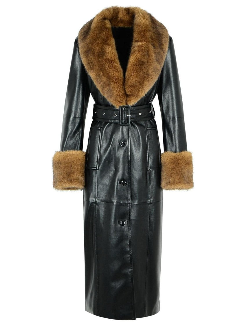 Stand Studio Long Coat With Faux Fur Inserts And Belted Waist
