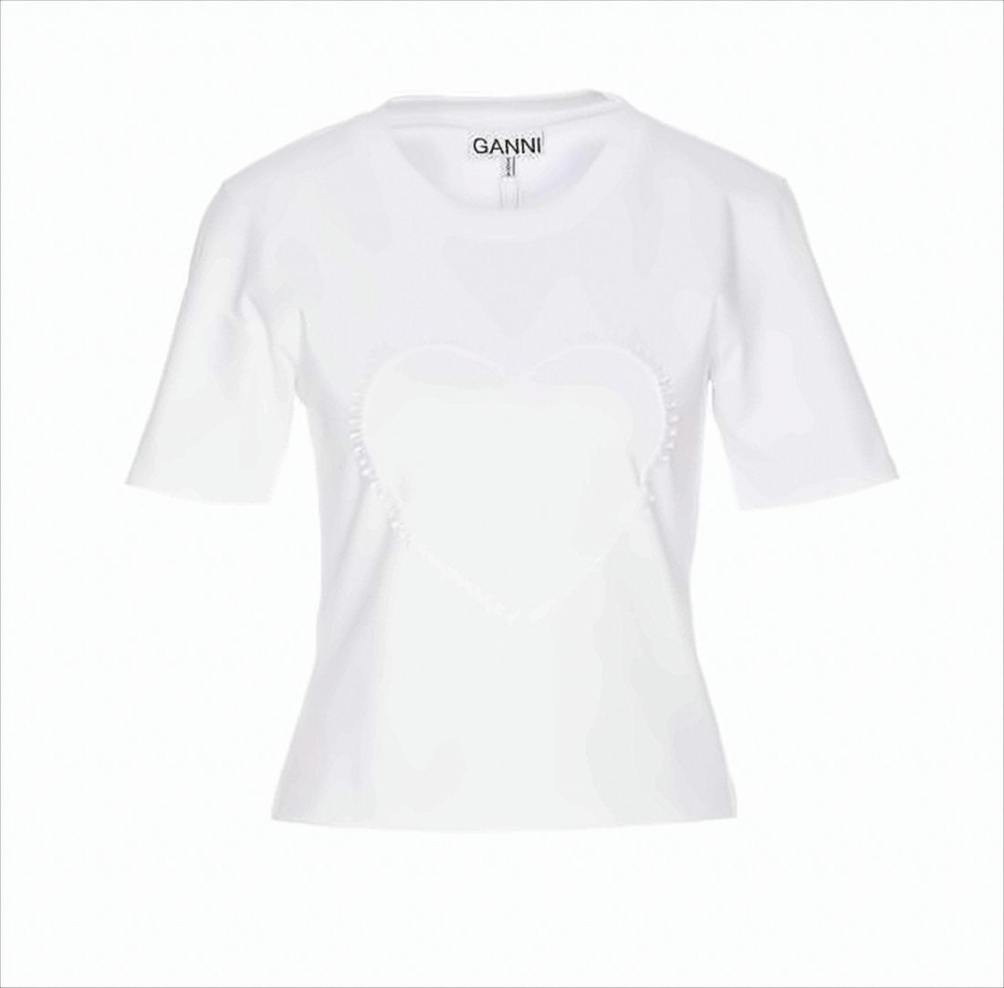 Ganni Short-Sleeved White T-Shirt With Heart Embroidery