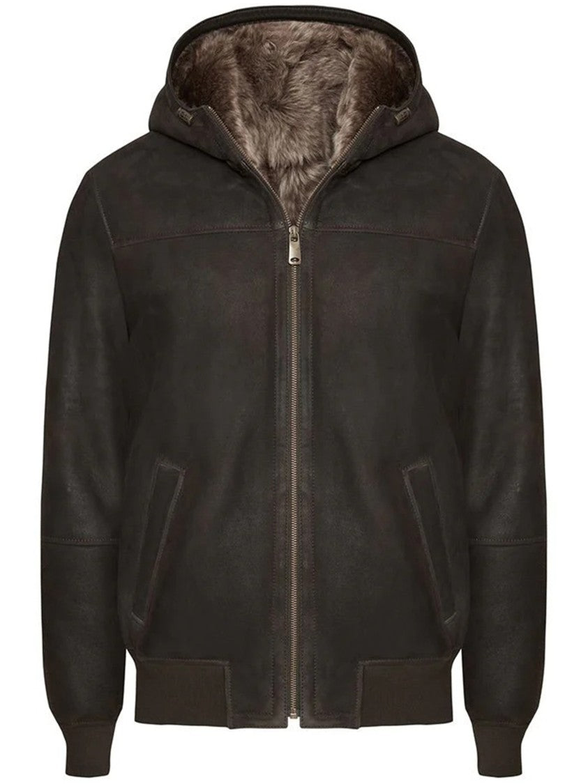 Bigardini Brown Toscana Shearling Jacket With Hood And Ribbed Details