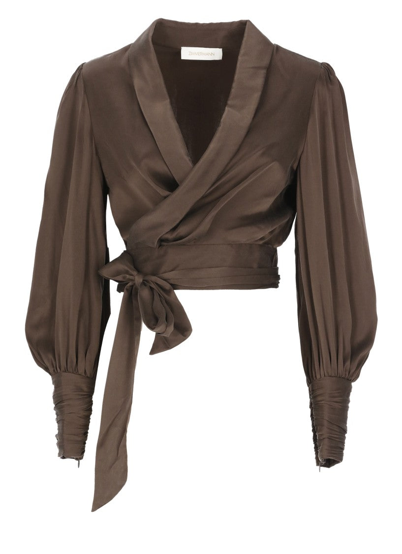 Zimmermann Brown Gathered Lace-Trim Silk Blouse