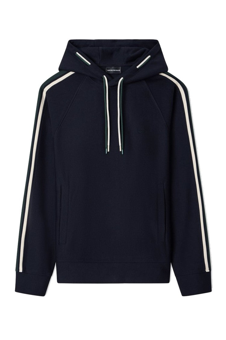 Emporio Armani Navy Green-And-White Sleeve Stripe Cotton-Blend Hoodie
