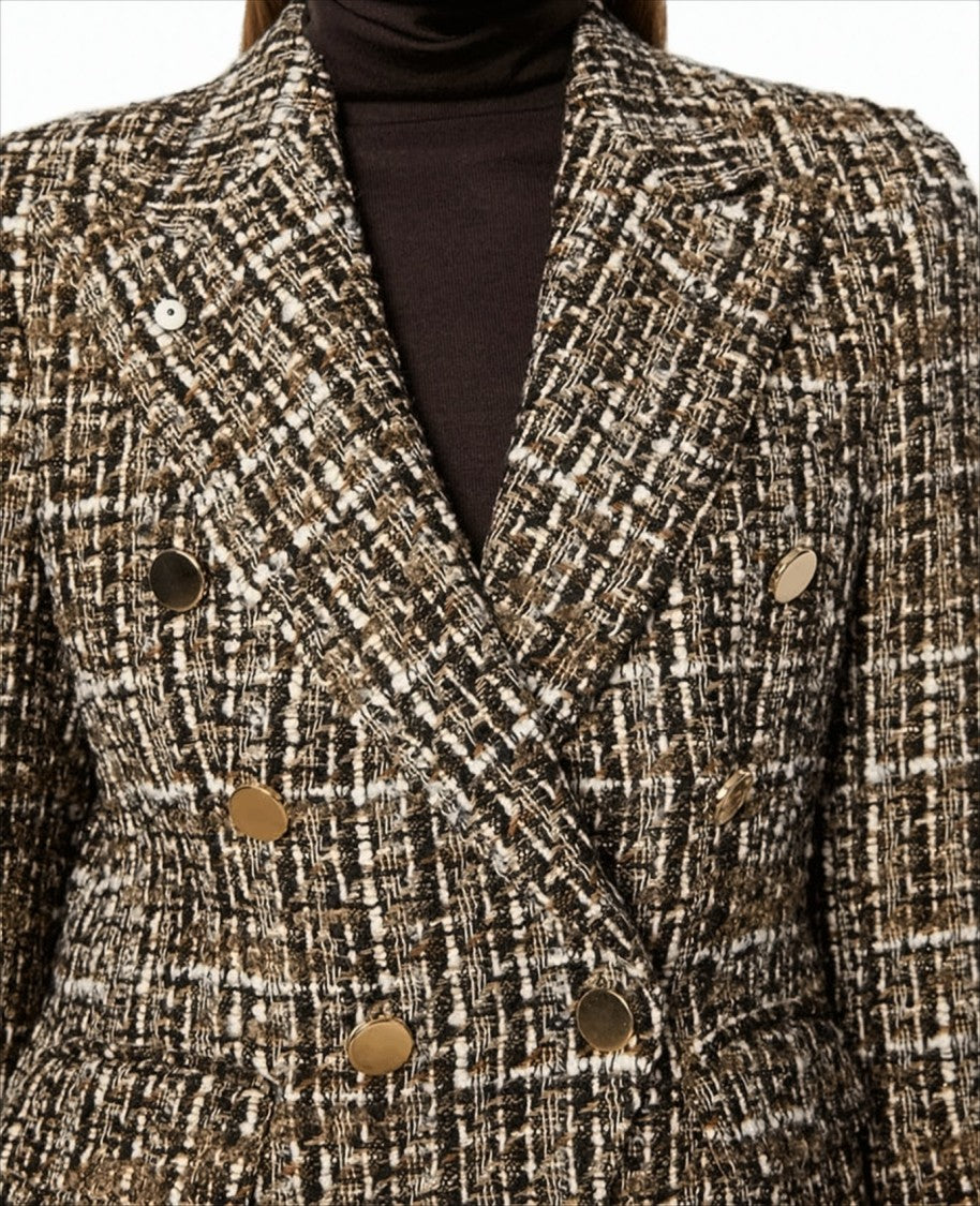 L.B.M. Double-Breasted Textured Tweed Jacket With Golden Accents