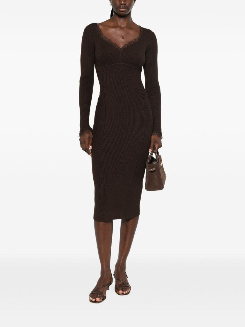 Twin-Set Fitted Lace Trim Ribbed Knit Midi Dress