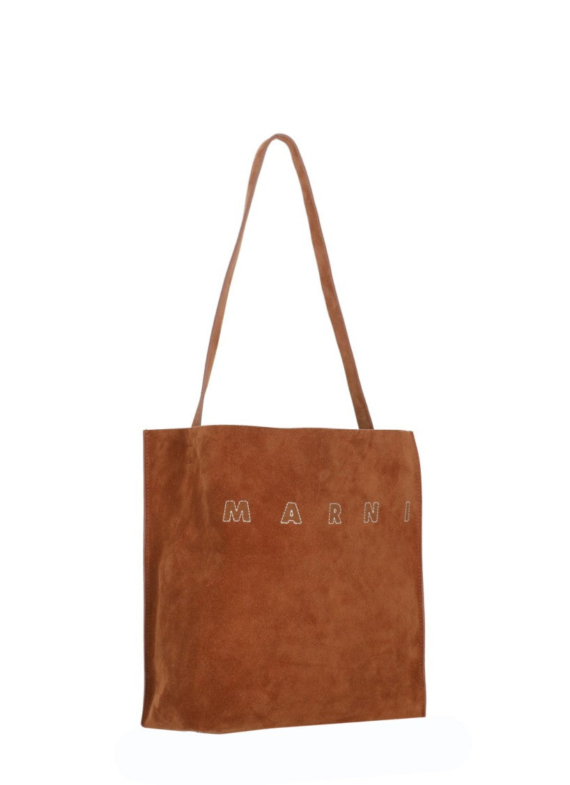 Marni Rectangular Brown Leather Shopping Bag With Embroidered Logo