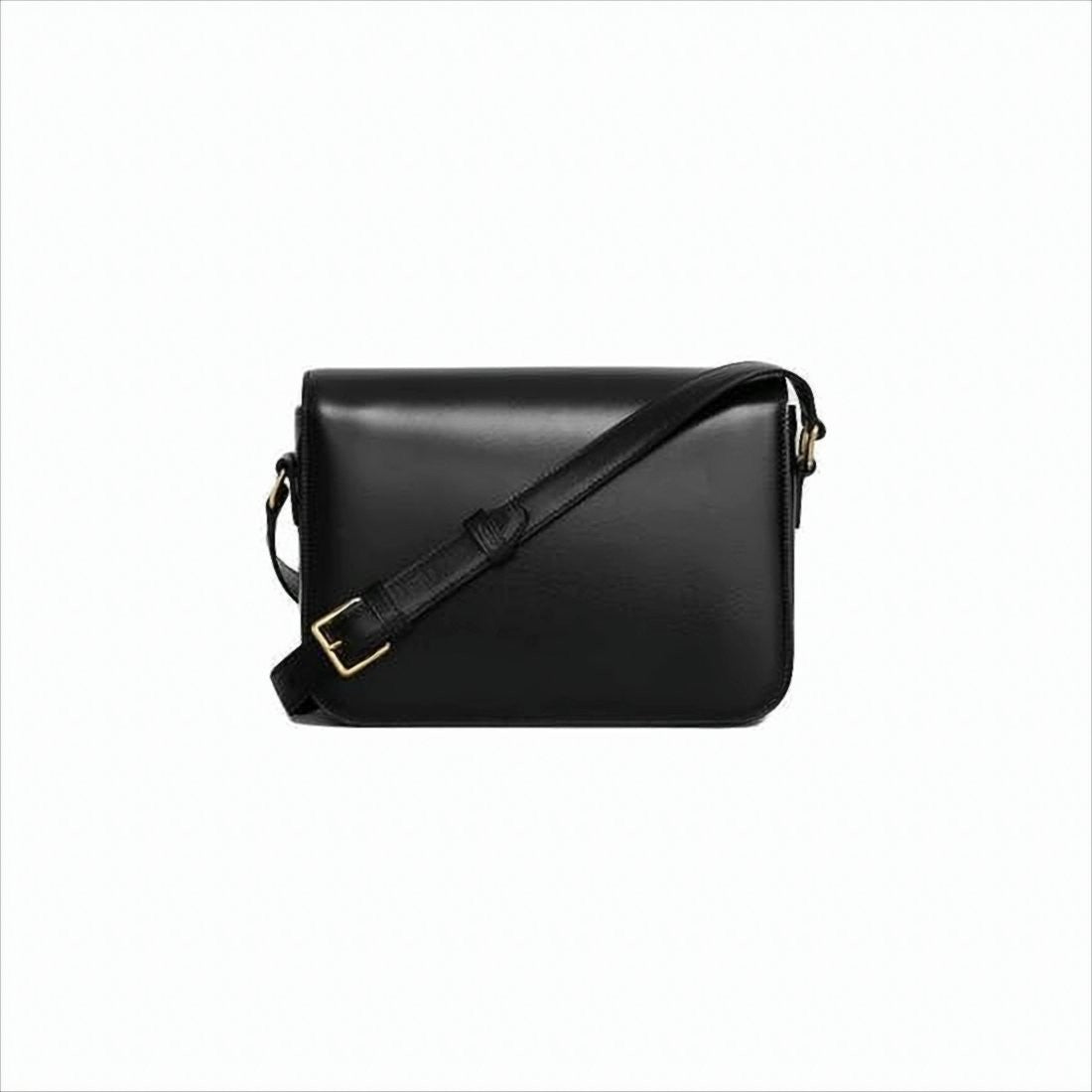Celine Smooth Black Leather Shoulder Bag With Flap Closure