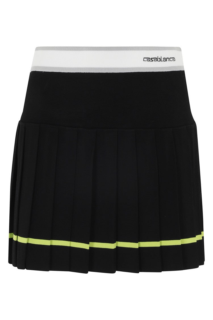 Casablanca Black Striped Pleated Fluo-Green Hem Viscose-Blend Mini Skirt
