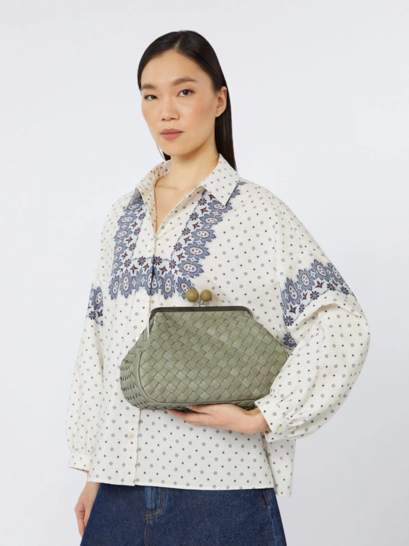 Max Mara Structured Woven Leather Clutch Bag In Sage Green