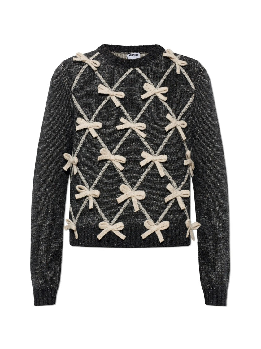 Moschino Textured Knit Sweater With Cream Bow Design