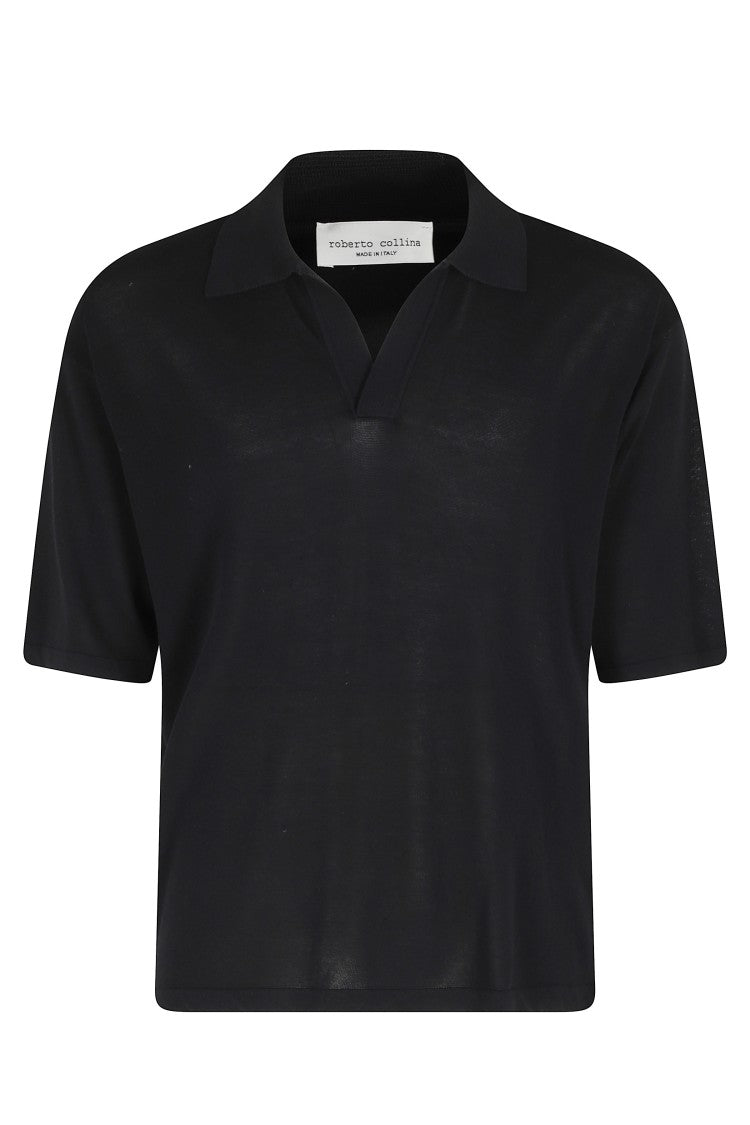Roberto Collina Black Short Sleeve Ribbed Trim Cotton Polo Shirt