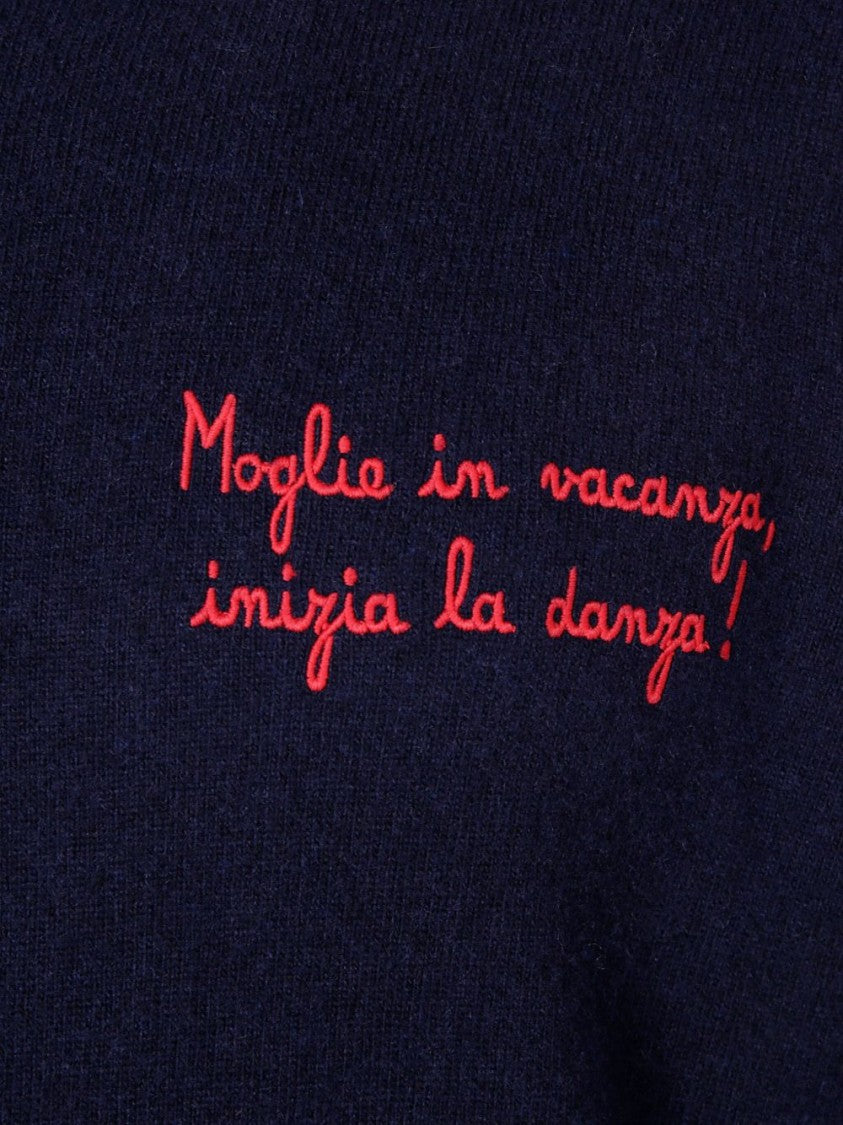 Mc2 Saint Barth Dark Blue Crew Neck Sweater With Red Embroidery