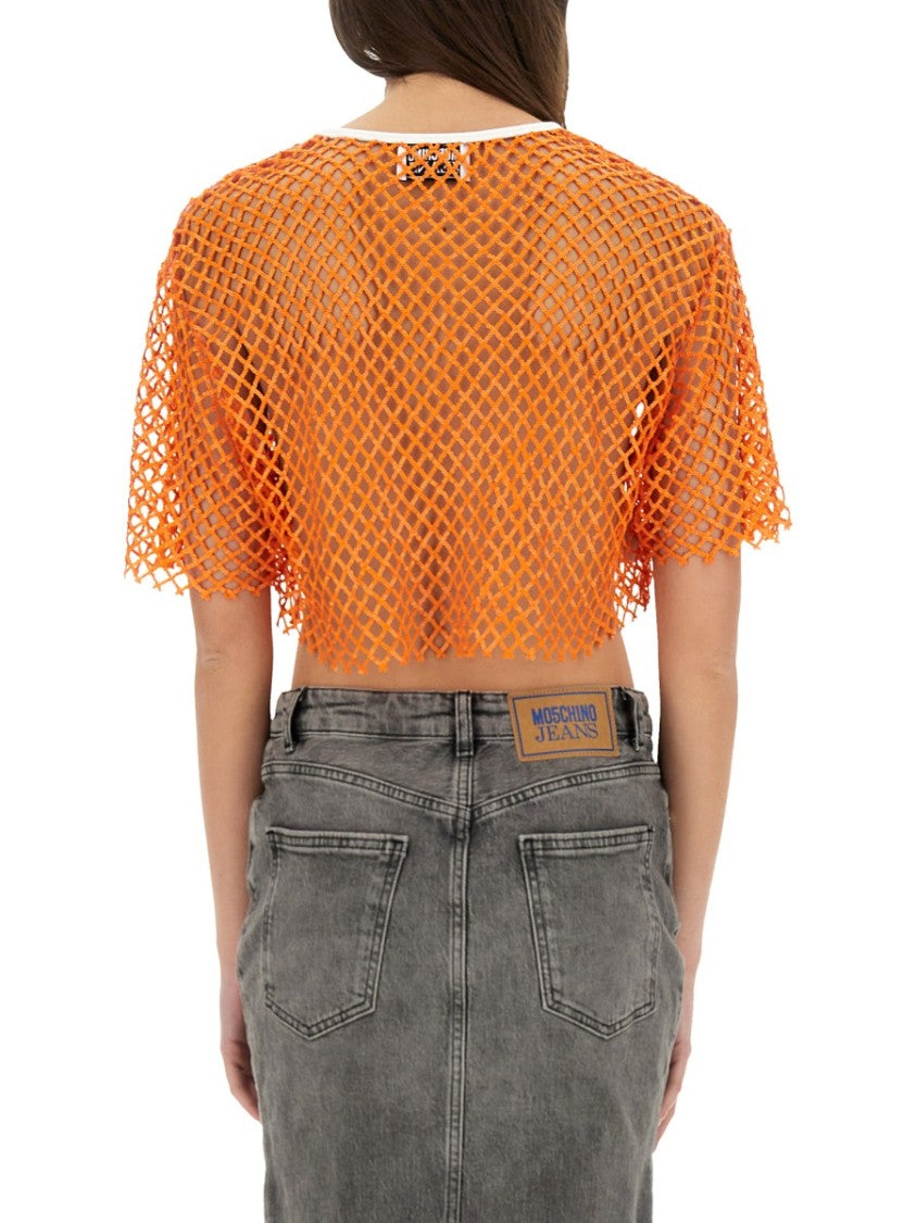 Moschino Cropped Mesh Top With Contrasting Neckline
