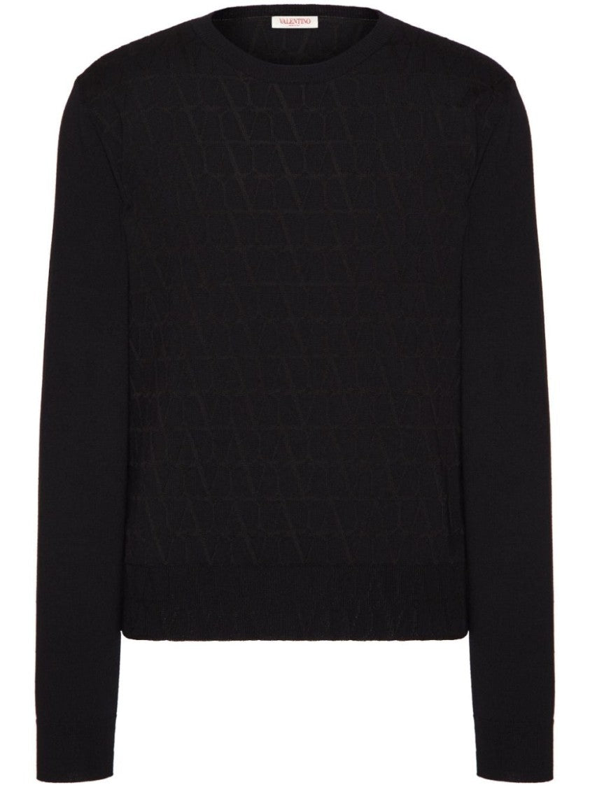 Valentino Garavani Monogram Jacquard Crew Neck Sweater In Black Virgin Wool