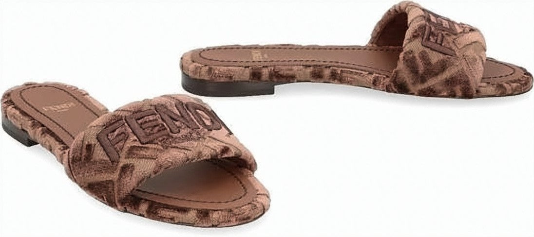 Fendi Textured Brown Monogram Mules With Embroidered Logo
