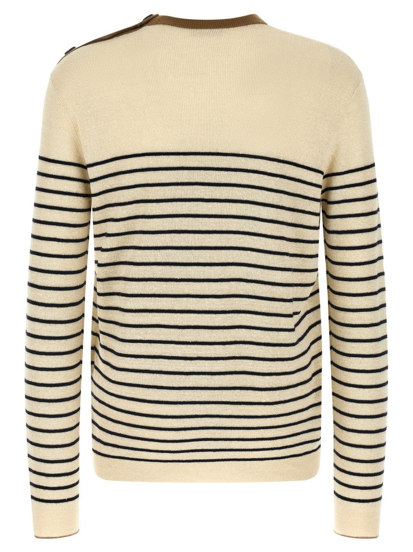 Prada Horizontal Striped Linen-Virgin Wool Sweater With Button Detail