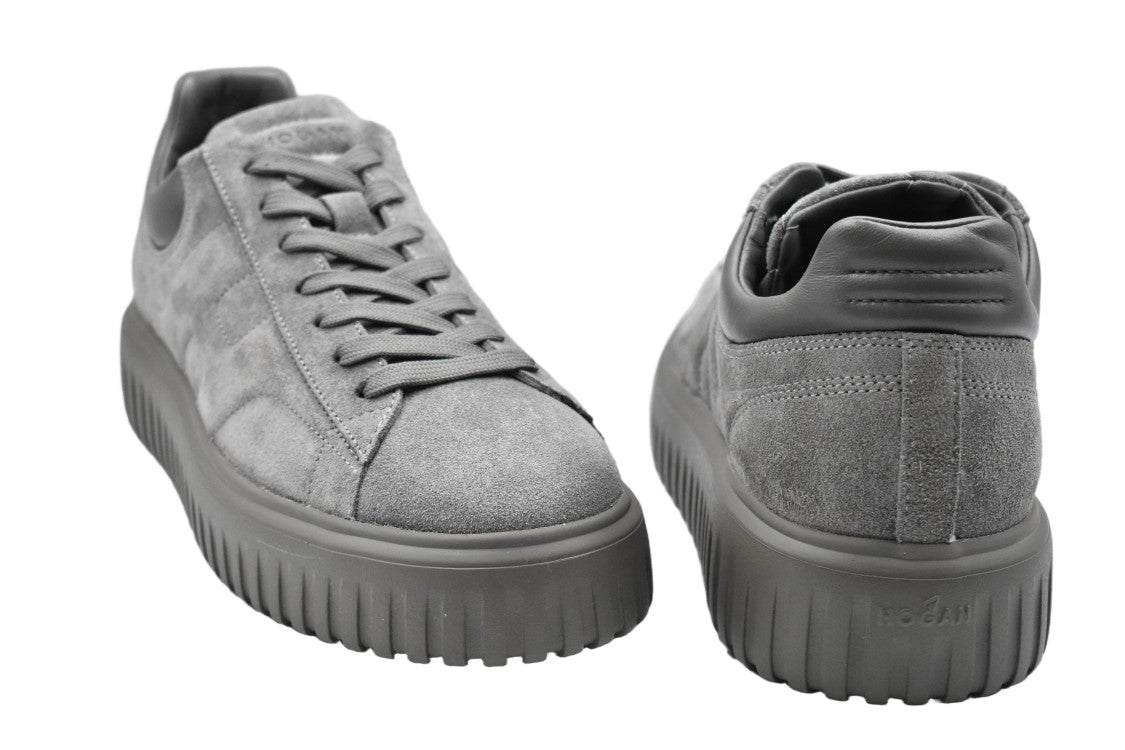 Hogan Monochromatic Grey Suede H-Stripes Sneakers