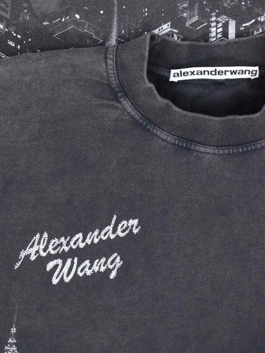 Alexander Wang Black Oversized T-Shirt With Skyline Graphic And Crystal Detail
