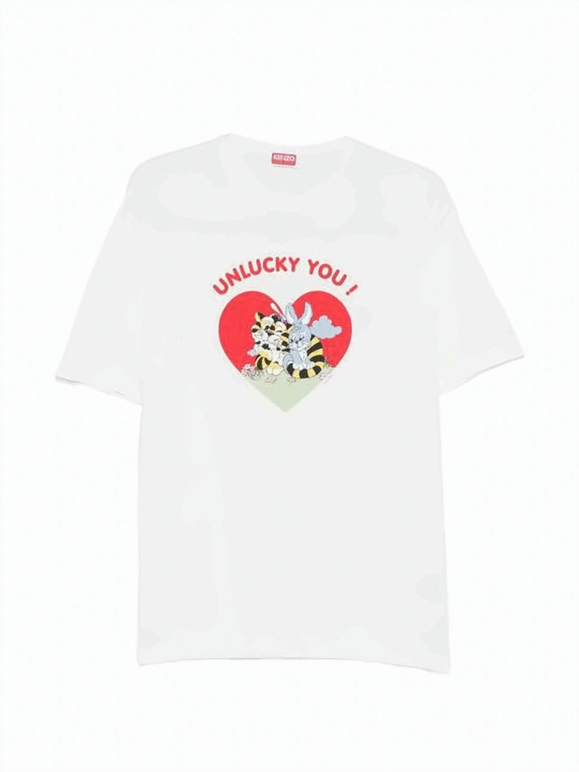 Kenzo White Cotton T-Shirt With Heart Graphic