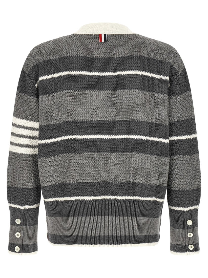 Thom Browne Heavy Cotton Striped Cardigan With Grosgrain Ribbon Plackets