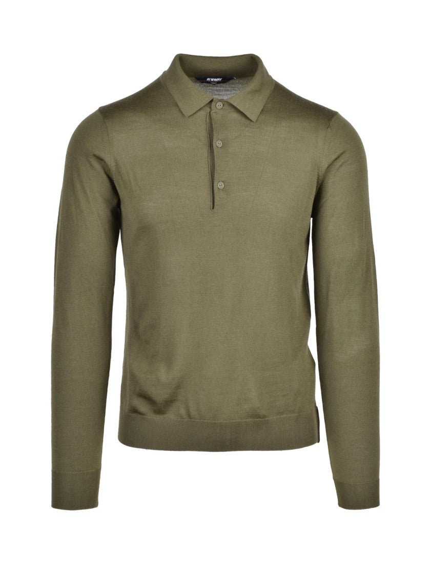 K-Way Military Green Long Sleeve Virgin Wool-Blend Polo Shirt