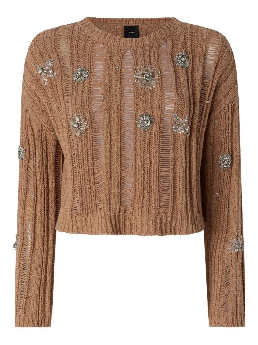 Pinko Beige Distressed Embellished Sweater