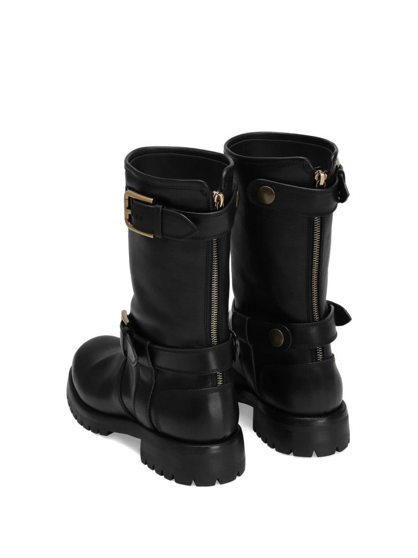 Dolce & Gabbana Black Biker Leather Gold Buckle Boots