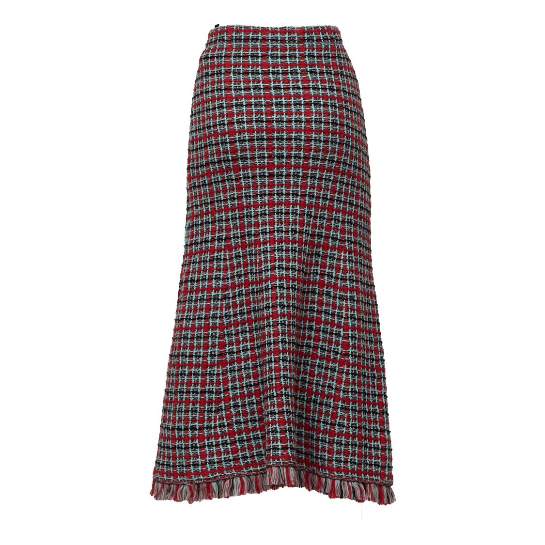Self-Portrait Red Check Frayed Knit Midi Skirt