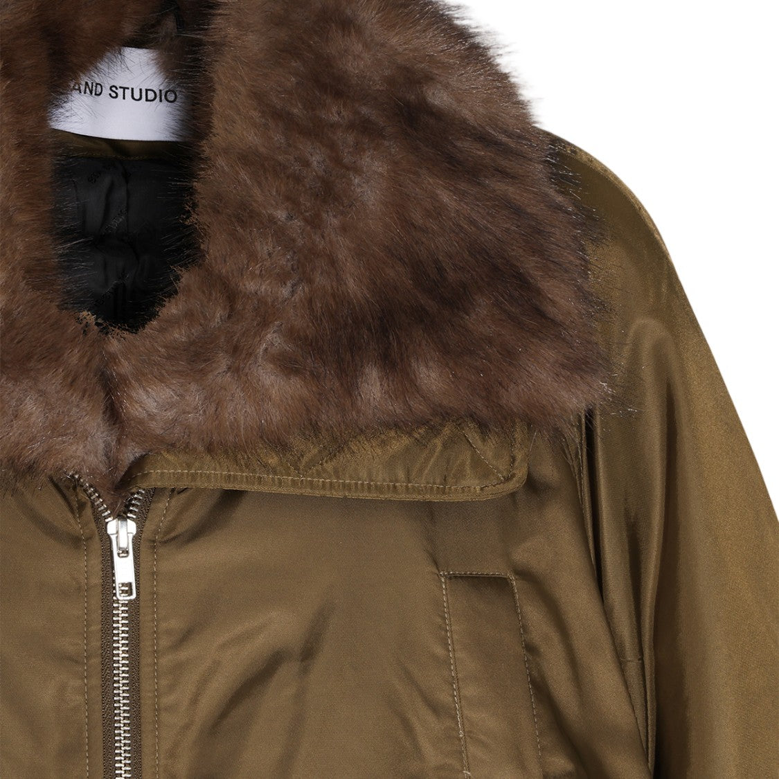 Stand Studio Shiny Olive-Brown Faux Fur Jacket