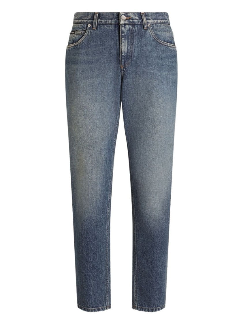 Dolce & Gabbana Faded Blue Denim Jeans With Logo Plaque