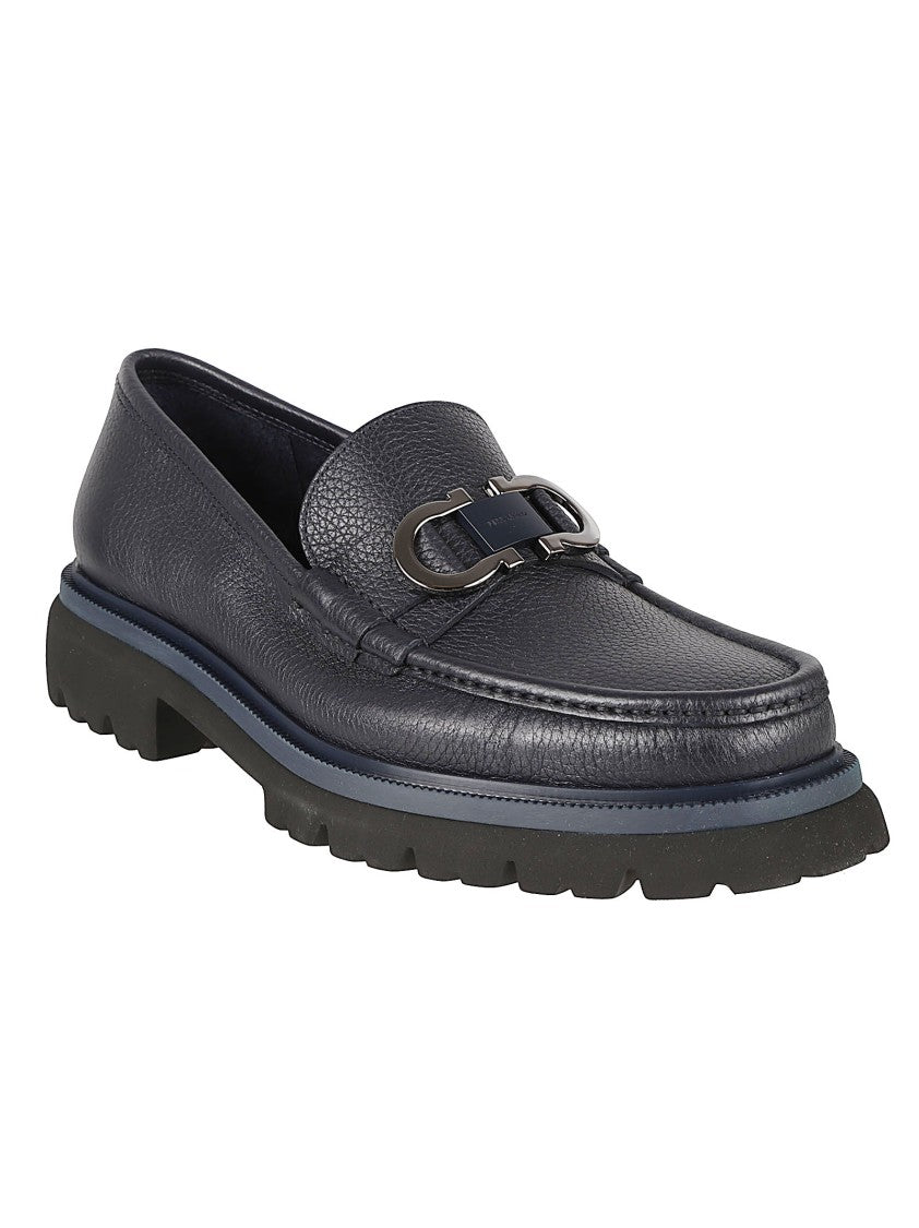 Ferragamo Textured Leather Flat Shoes With Metal Detail