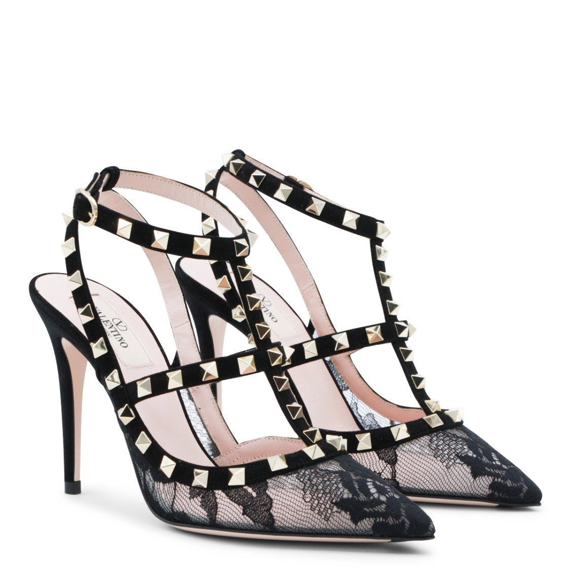 Valentino Garavani Pointed-Toe Pumps With Lace Overlay And Pyramid Studs