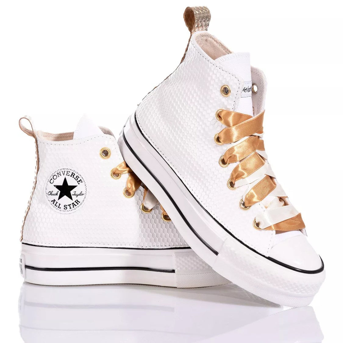 Converse White, Gold Platform Sneakers