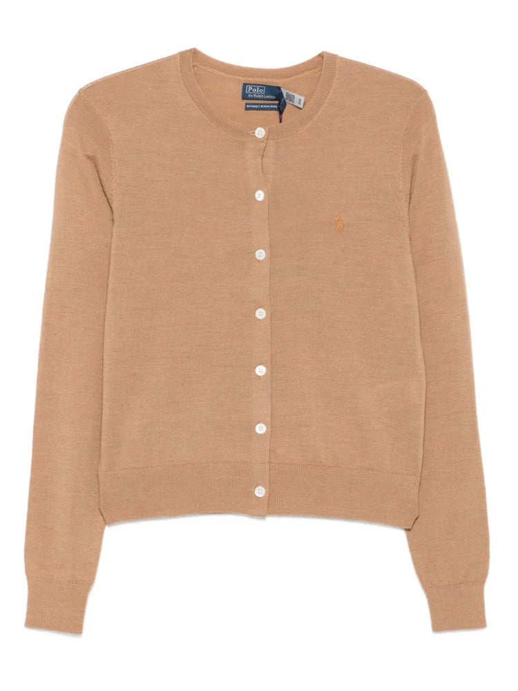 Polo Ralph Lauren Brown Embroidered Button-Down Wool Cardigan