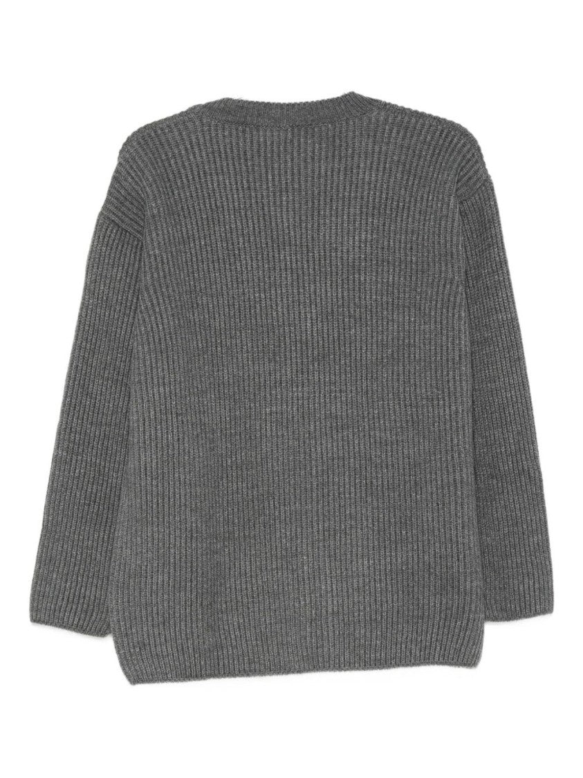 Msgm Ribbed Grey Sweater With Contrasting Hem Band