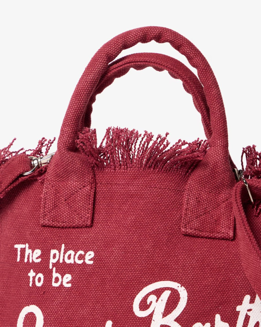 Mc2 Saint Barth Bordeaux Canvas Tote Bag With Fringed Edges And Logo