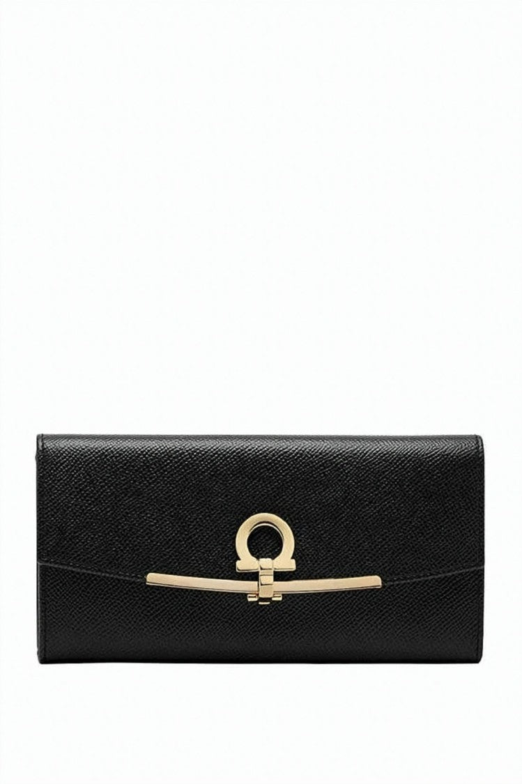 Salvatore Ferragamo Rectangular Textured Leather Long Wallet With Gold-Tone Bar