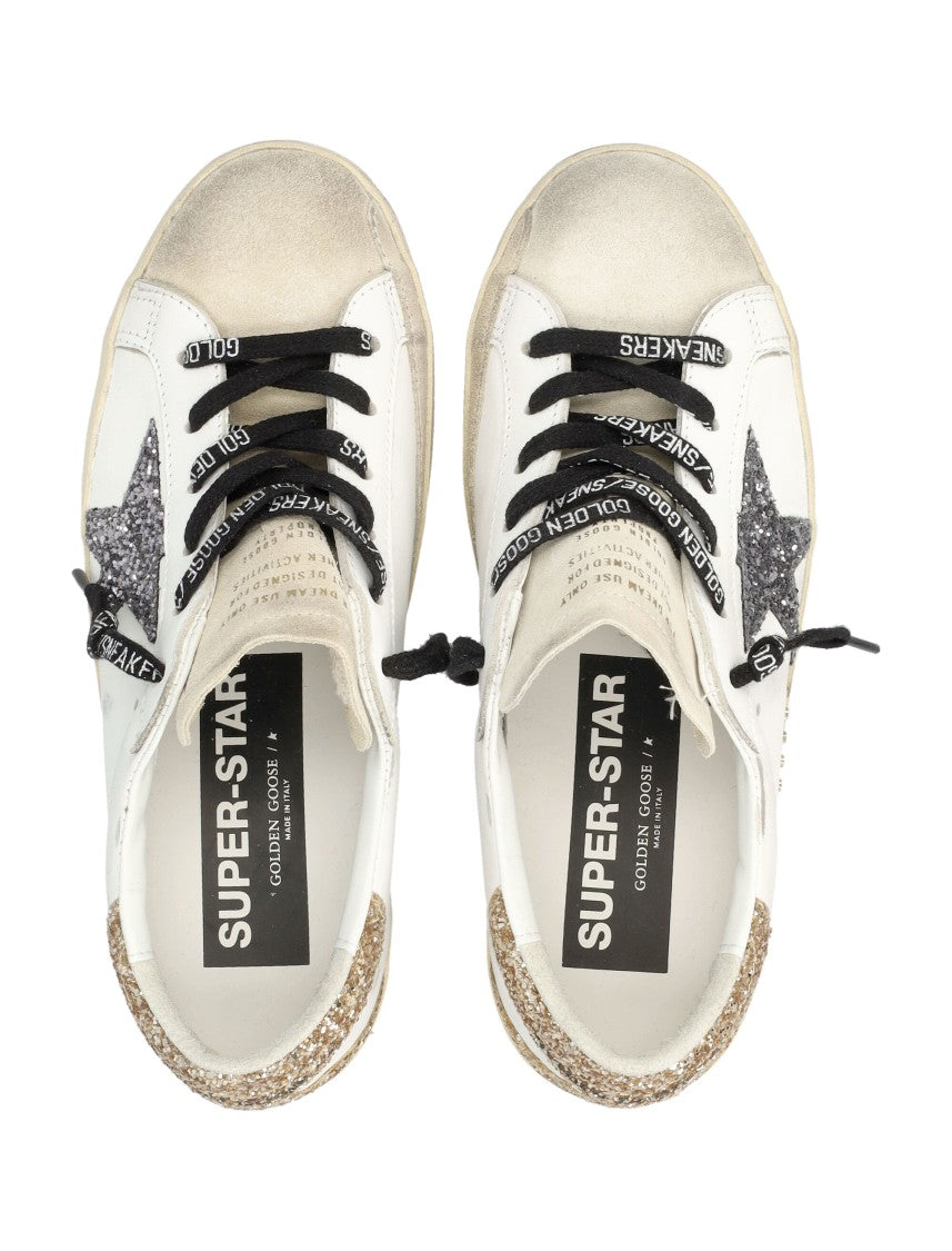 Golden Goose Distressed White Leather Glitter Sneakers With Vintage Appeal