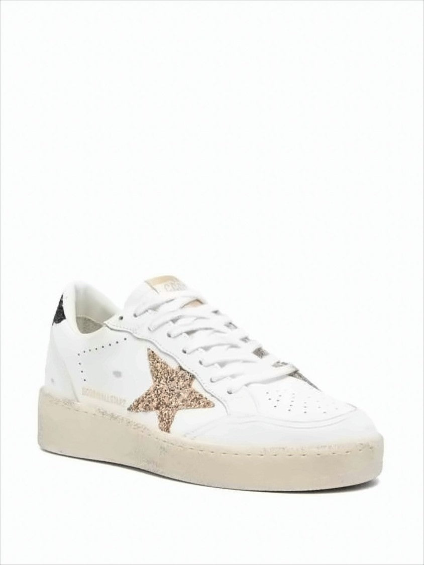 Golden Goose Distressed White Leather Sneakers With Glitter Accents