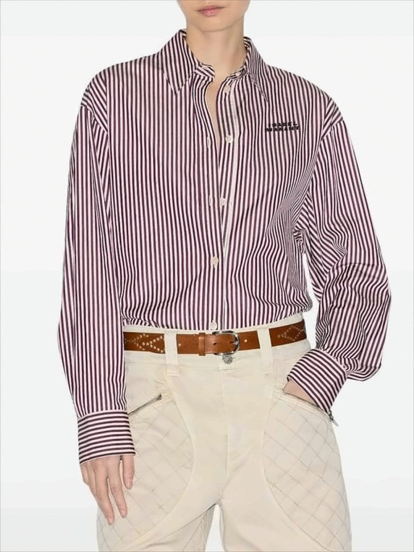 Isabel Marant Vertical Stripe Burgundy Cotton Shirt With Button-Down Front