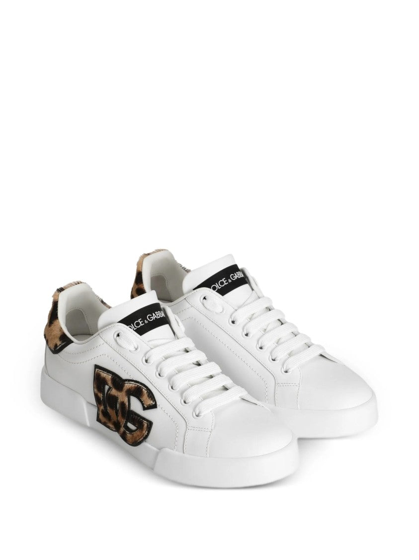 Dolce & Gabbana White Low-Top Leopard Print Accent Sneakers