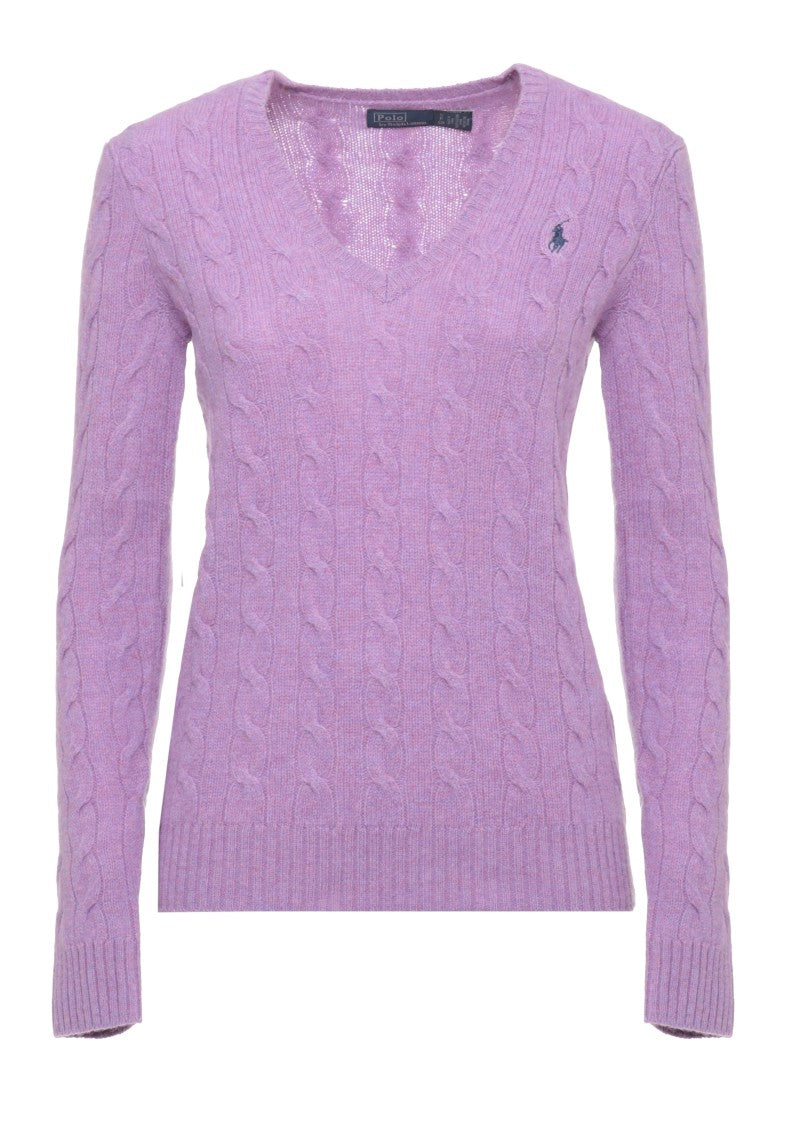 Polo Ralph Lauren Purple V-Neck Cable-Knit Wool Sweater